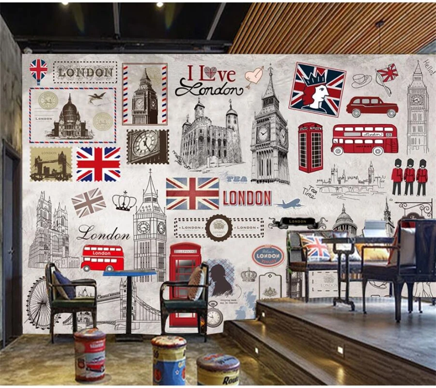 

wellyu Customized large murals fashion home decoration retro nostalgic British European KTV bar coffee background wall