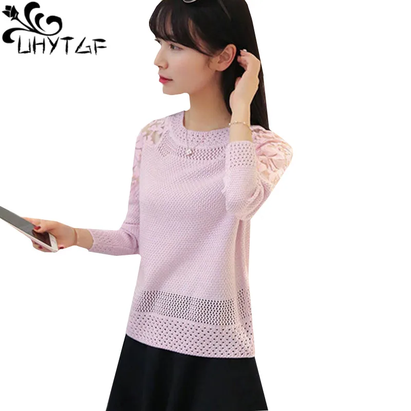 

UHYTGF Knit spring autumn sweater women Fashion hollow pullover thin female sweater lace Beaded elegant short sweaters women 874