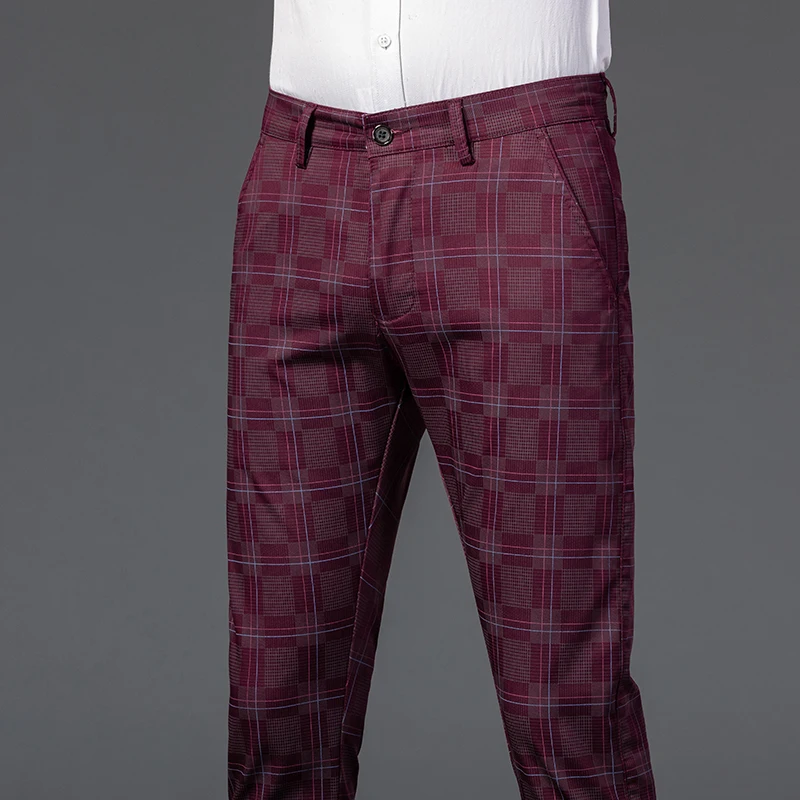 7 Color High Quality Classic Men\'s Plaid Casual Pants Fashion Business Stretch Straight Office Banquet Party Trousers Male