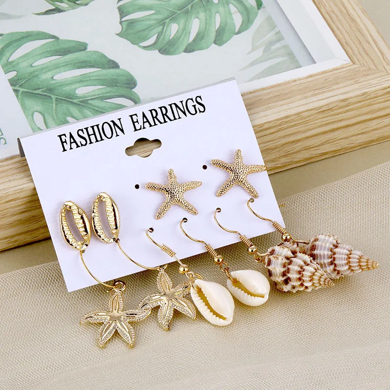 Fashion Artifical Shell Conch Earrings Set For Women Vintage Metal Starfish Shell Tassel Stud Earrings New Boho Ocean Jewelry