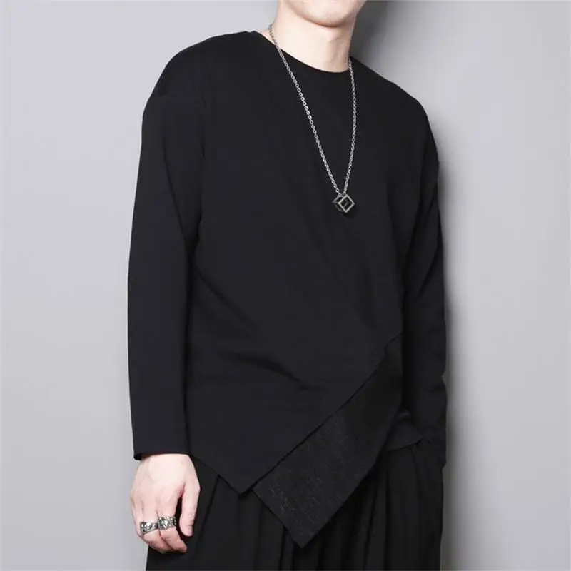 Autumn and winter dark design sense personality stitching irregular hem long sleeve round neck T-shirt men's bottoming shirt top