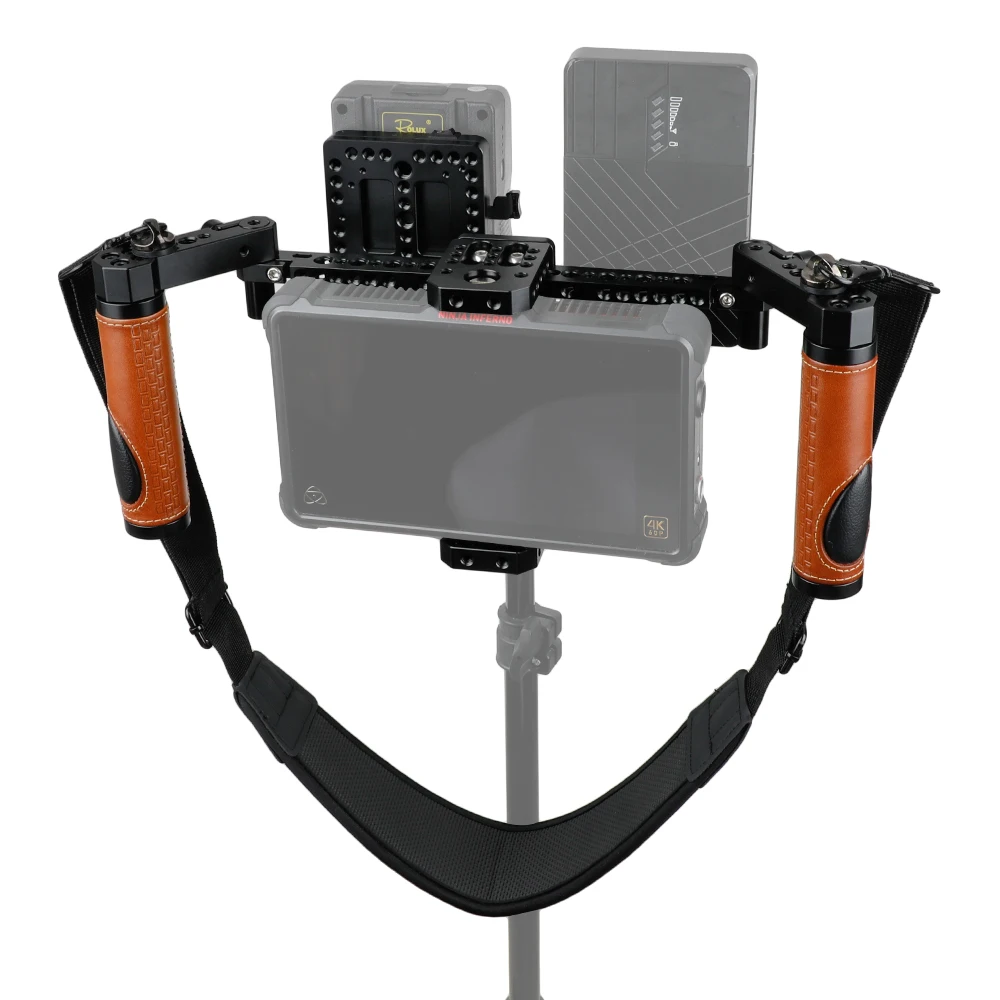 HDRIG Camera Director’s Monitor Cage Rig with Handle Grips Neck Strap V-lock Power Supply Splitter for 5‘’ 7‘’ Monitor