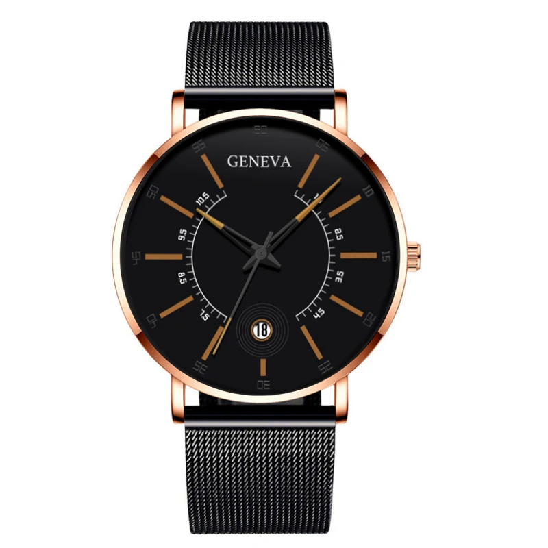 Men's Geneva Stainless Steel Quartz Watch, Mesh Band, Calendário, Relógios de Negócios, Preto, 2022