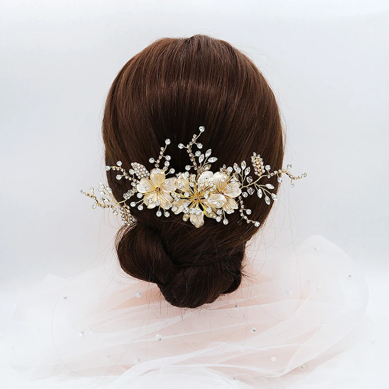 Peigne à fleurs en alliage, accessoires pour cheveux de mariée, branches faites à la main, en cristal, accessoires pour robe de mariée