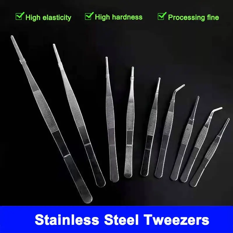 5/9Pcs Stainless Steel Non-slip Tweezers Long Straight Forceps Straight Head Elbow Thicken Medical Tools 12.5cm-30cm