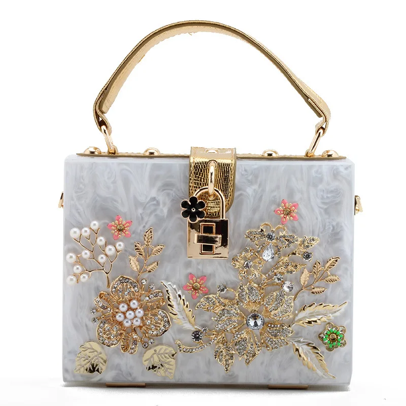 Vintage Flowers Diamond Women Handbag Marbling Acrylic Ladies Box Clutches High Quality Women Wedding Bridal Party Shoulder Bags