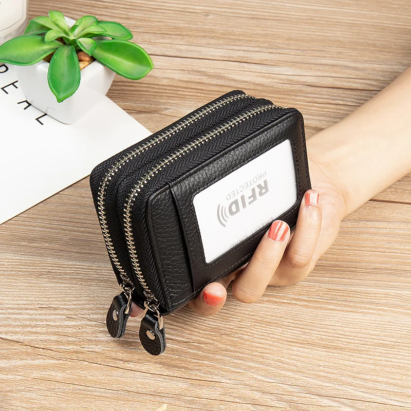 RFID Blocking Fashion Women Card Holder Genuine Leather Double Zipper Large Capacity Female Wallet Purse