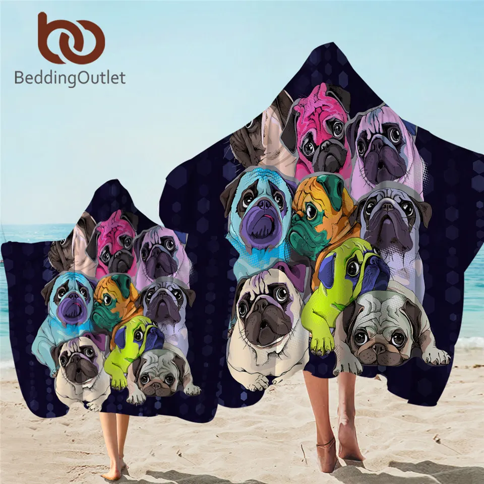 

BeddingOutlet Hippie Pug Dog Bath Towel With Hood Cartoon Microfiber Hooded Towel for Kid Bulldog Wearable Beach Towel serviette