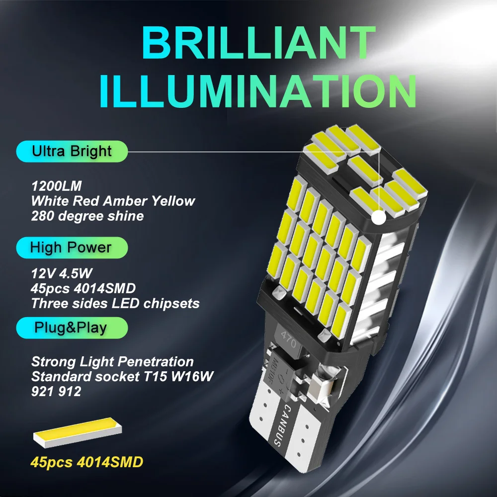 6x W16W T15หลอดไฟ LED T10 W5W 4014 45SMD Canbus LED ไฟสำรอง921 912 W16W หลอดไฟ LED ย้อนกลับโคมไฟซีนอนสีขาว DC12V T10