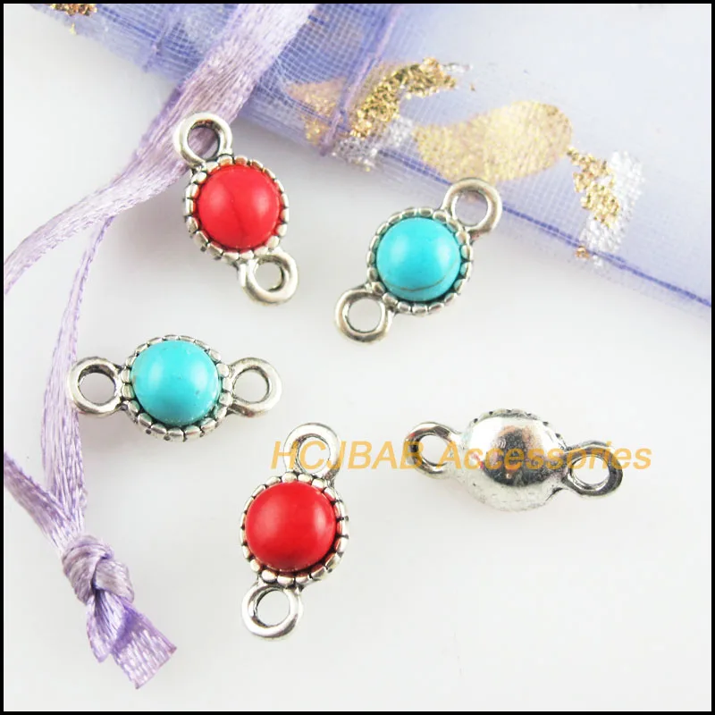 티베트 실버 톤 꽃 라운드 참 커넥터, 레드 & 블루 스톤, 7x13.5mm, 20 개