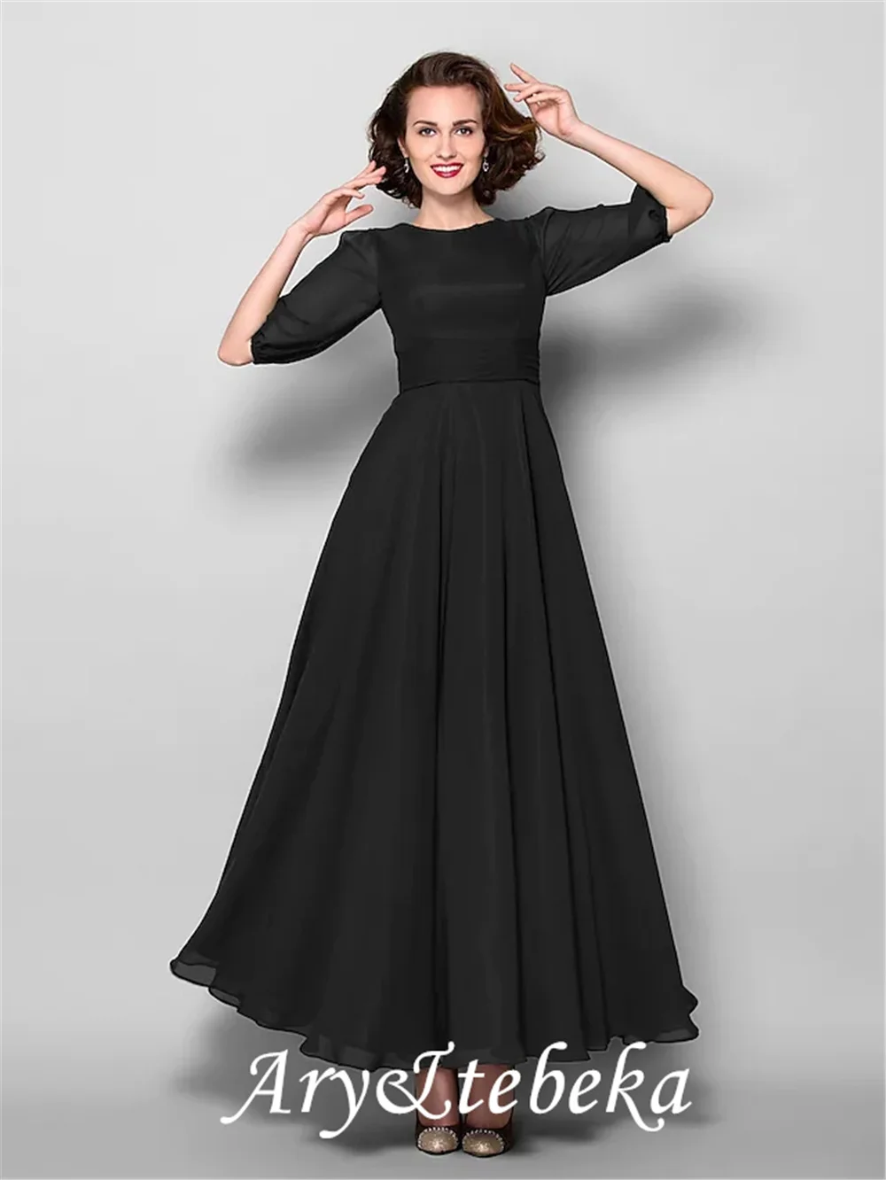 Linha a mãe da noiva vestido elegante jewel neck tornozelo comprimento chiffon meia manga com faixa/fita ruched 2021