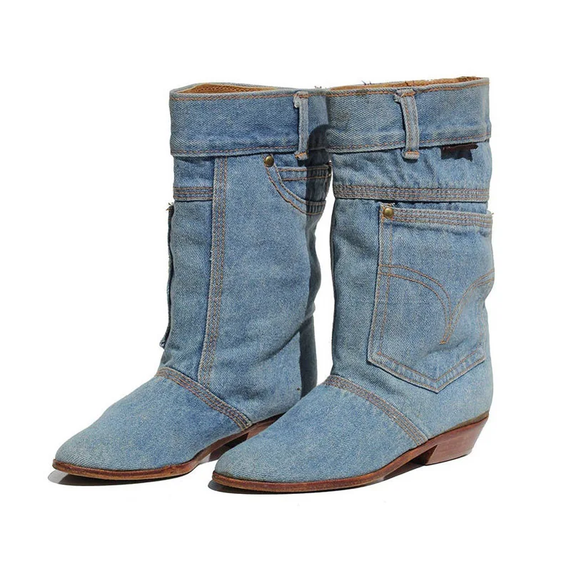 Low Heel Casual Boots Ladies Jeans Leather Fashion New Mid Calf Boots Women Shoes Pointed Toe Cowboy Big Size