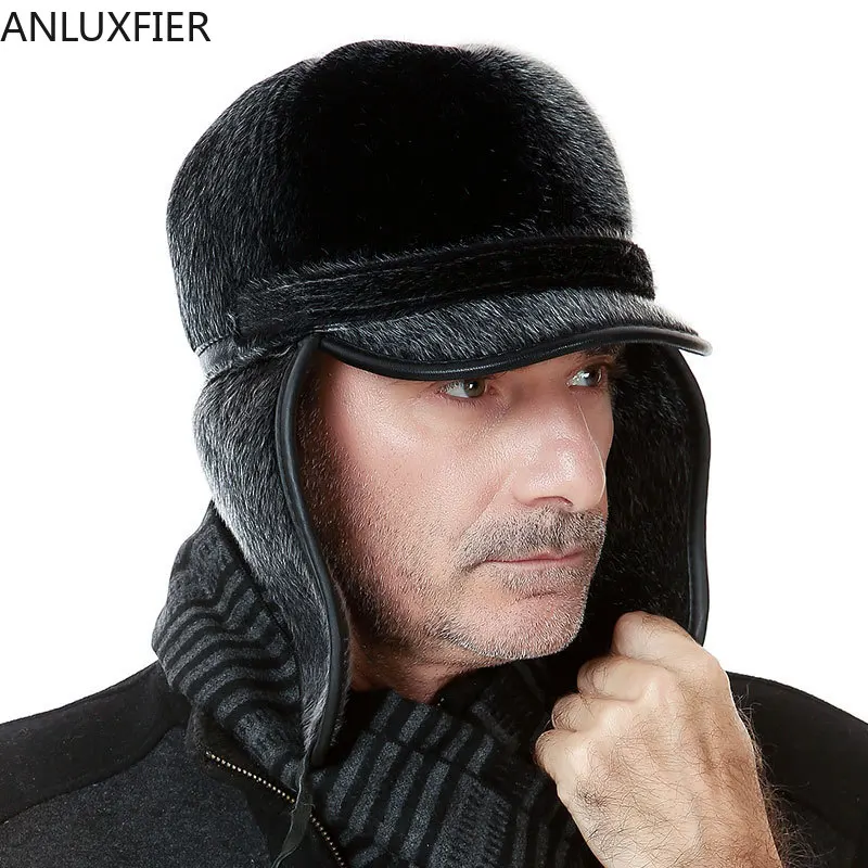 B-7370 New Man Winter Hat Elderly Cashmere Warm Leifeng Hat Thermal Imitation Fur Hat Windproof Cap Quinquagenarian Earmuffs