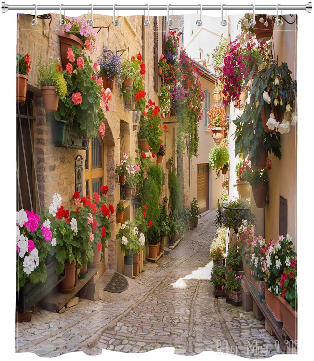 European By Ho Me Lili Shower Curtain With Nature Scene Mediterranean Greece Scene Old Street Flowers Waterproof  Bathroom Decor