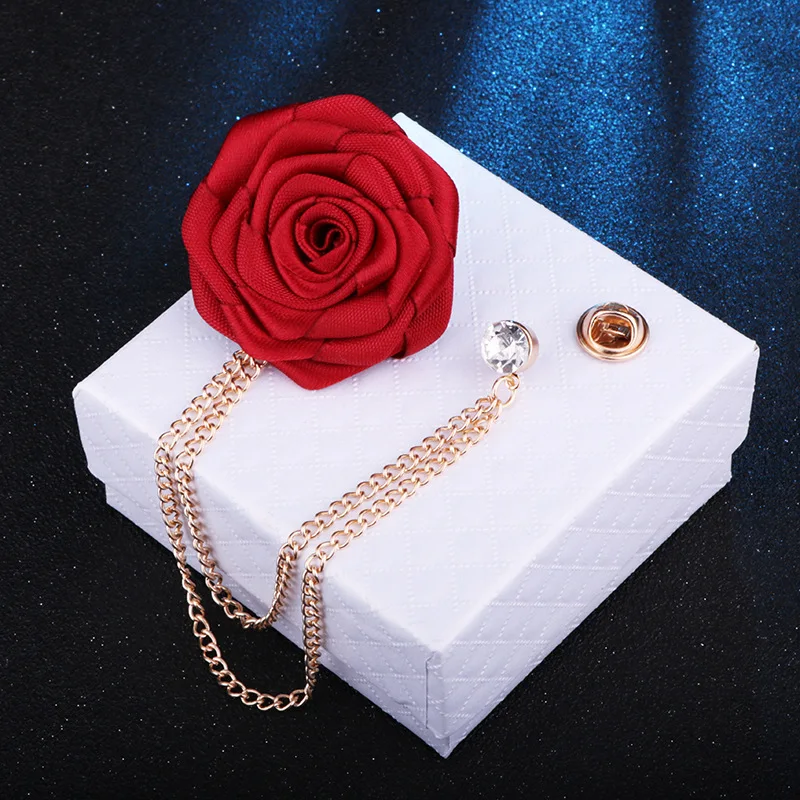 Korean Bridegroom Wedding Brooches Cloth Art Hand-made Rose Flower Brooch Lapel Pin Badge Tassel Chain Men's Suit Accessories