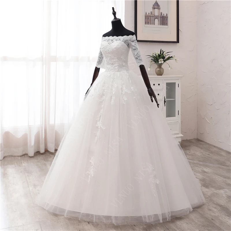 Tanie luksusowe koronki off shoulder suknie ślubne 2020 off biały pół rękawa Vintage Vestidos Bride Plus rozmiar suknia real photo