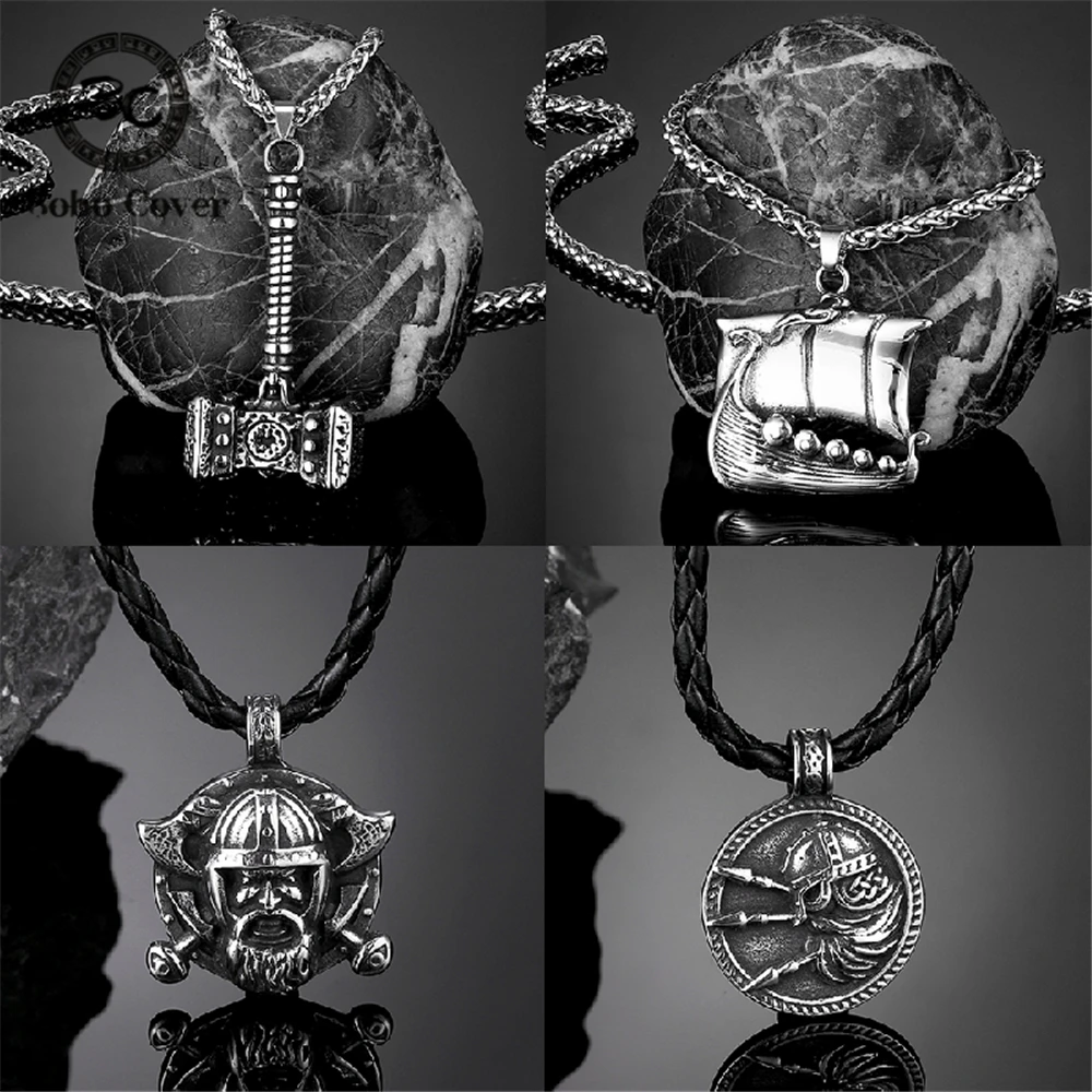 Punk Odin's Hammer Leather Necklaces Mens Vikings Stainless Steel Thors Mjolnir Pendant Norse Vegvisir Amulet Retro Male Jewelry