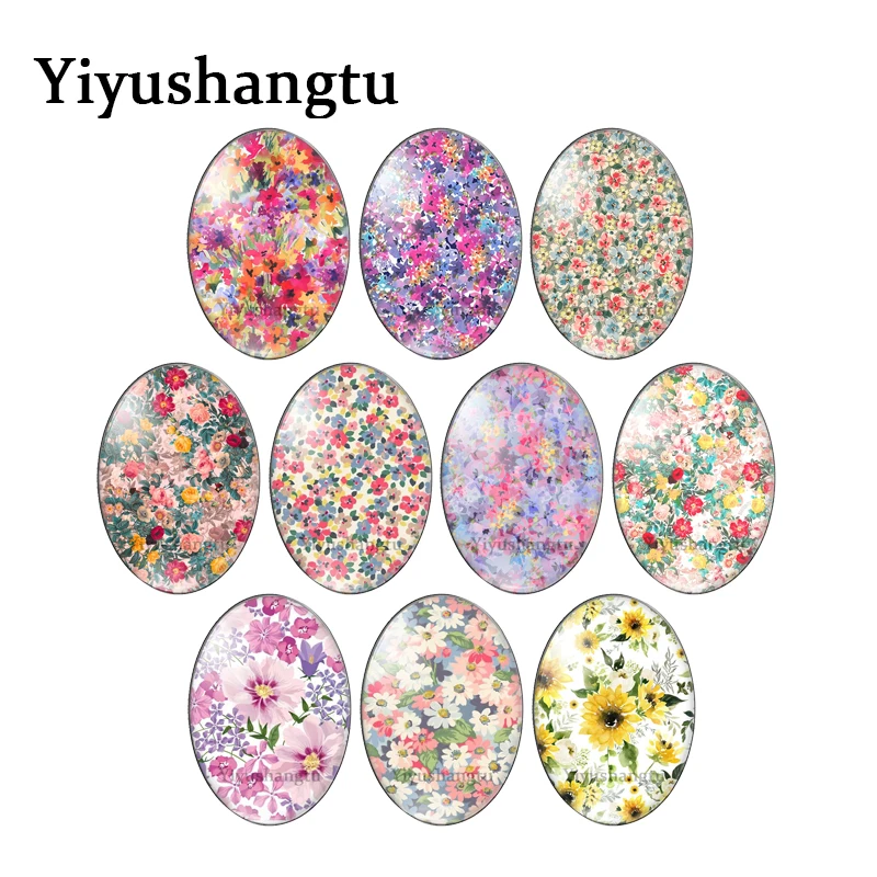 

New Colored drawing flowers group 10pcs mixed 13x18mm/18x25mm/30x40mm Oval photo glass cabochon flat back Making findings