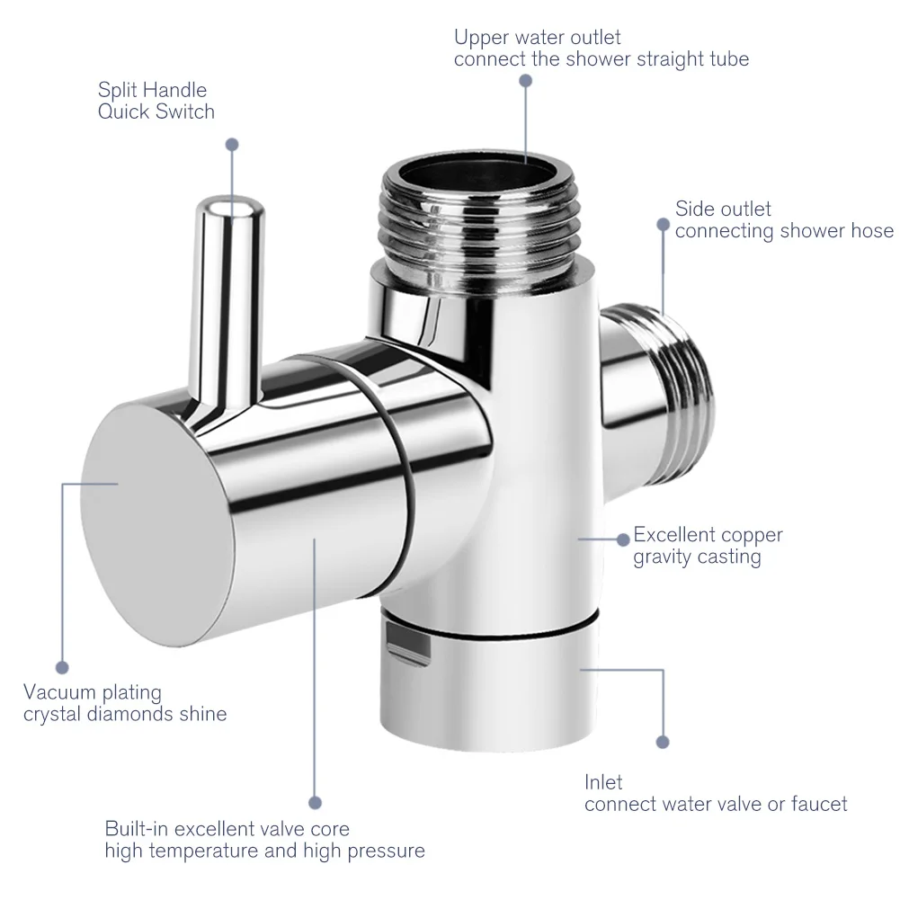 Đồng Van Diverter 3 Đường Nước Tách Tắm Tee Adapter Có Thể Điều Chỉnh Tắm Van Diverter Phòng Tắm Tắm Van
