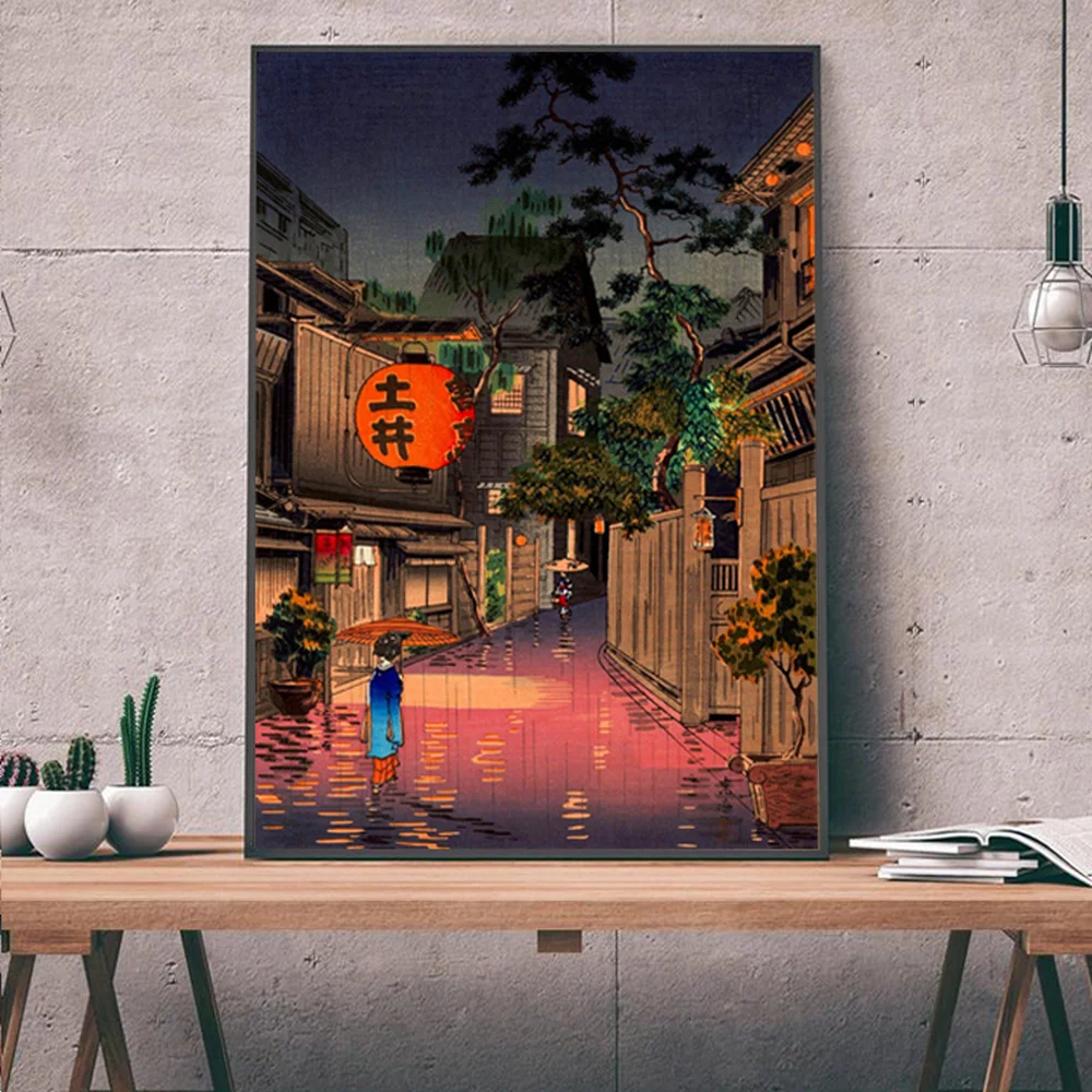 Ushigome Kagurazaka Vintage Poster Japan Ukiyoe Art Japanese Ancient Architectural Buildings Canvas Painting for Wall Decor