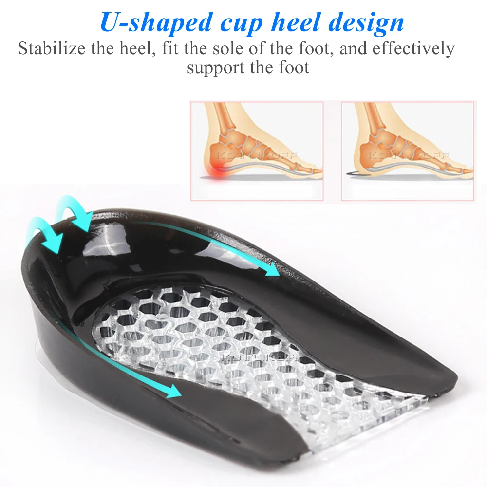 Silicone Gel Tumit Pad untuk Penyerapan Sengatan Plantar Fasciitis Pain Relief Perawatan Kaki Insert Insole Tinggi Meningkatkan Cangkir Cushion Pad