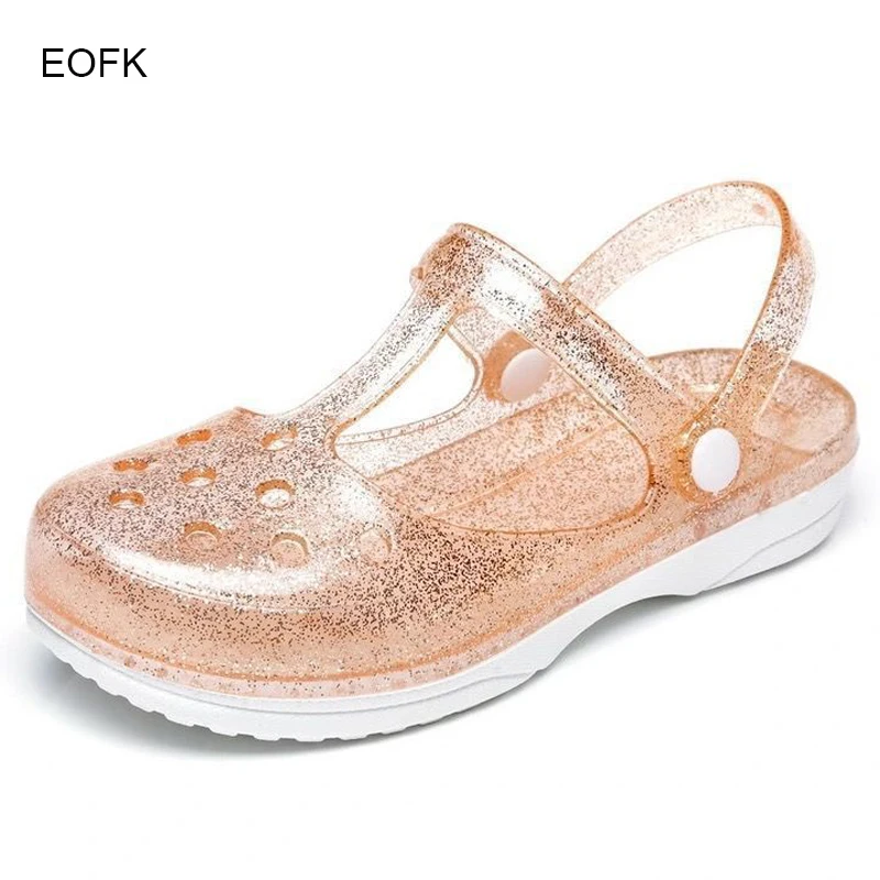 EOFK-zuecos de colores brillantes para mujer, Sandalias cómodas planas de gelatina, zapatos de pezuña de verano