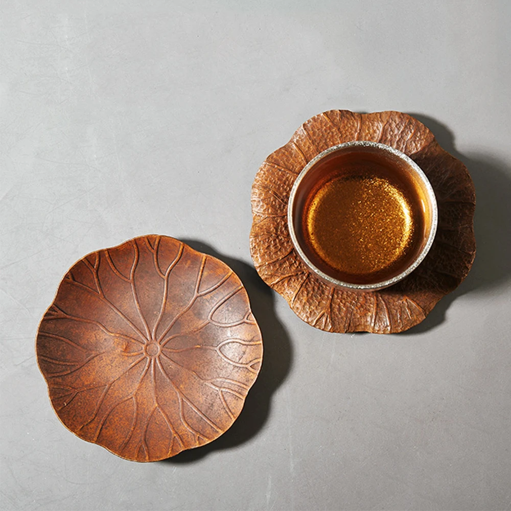 Old Style Red Copper Lotus Leaf Design Teacup Tray Anti-hot Round Cup Tray For Home Office Hotel Teahouse Tea Accessories