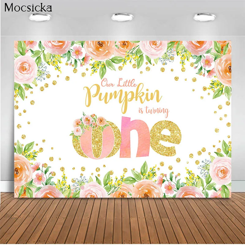 Mocsicka-핑크색 꽃 장식 스타일 1 살 생일 파티 사진 배경, 사진 배너