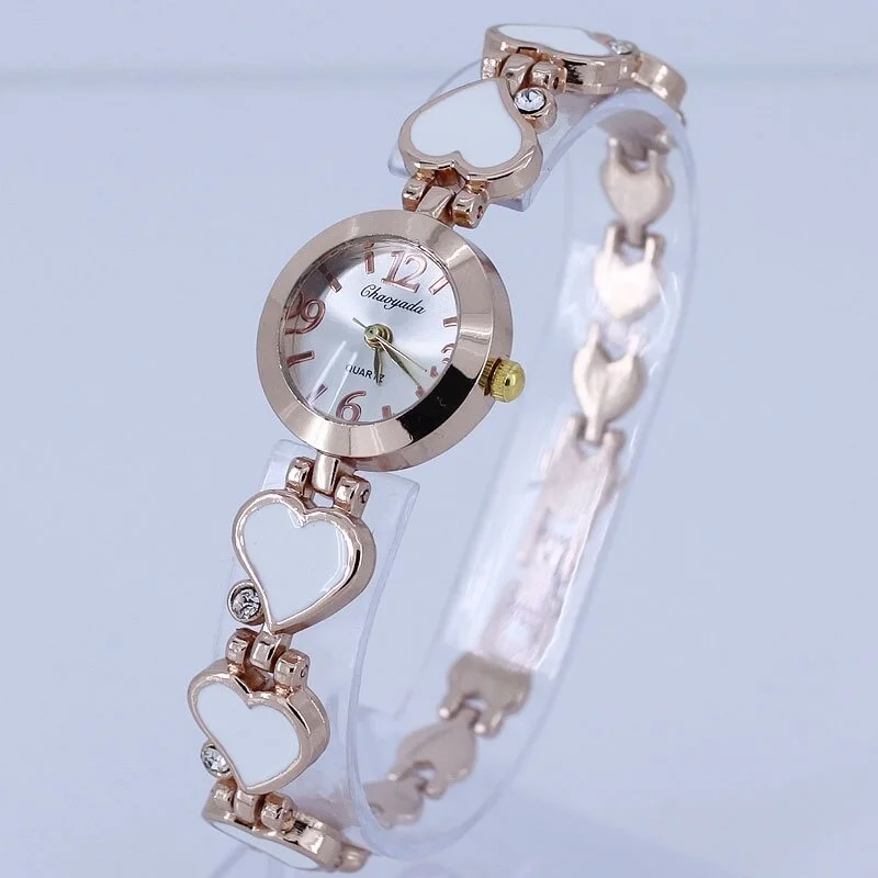 ساعة يد نسائية كوارتز مرصعة بالكريستال والماس ، عصرية وشعبية ، تصميم قلب