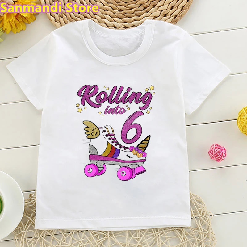 Children'S Clothing Rolling Into 7th Birthday Unicorn Roller Skate Party Graphic Print Tshirt Girls Birthday Gift Tops For Girl