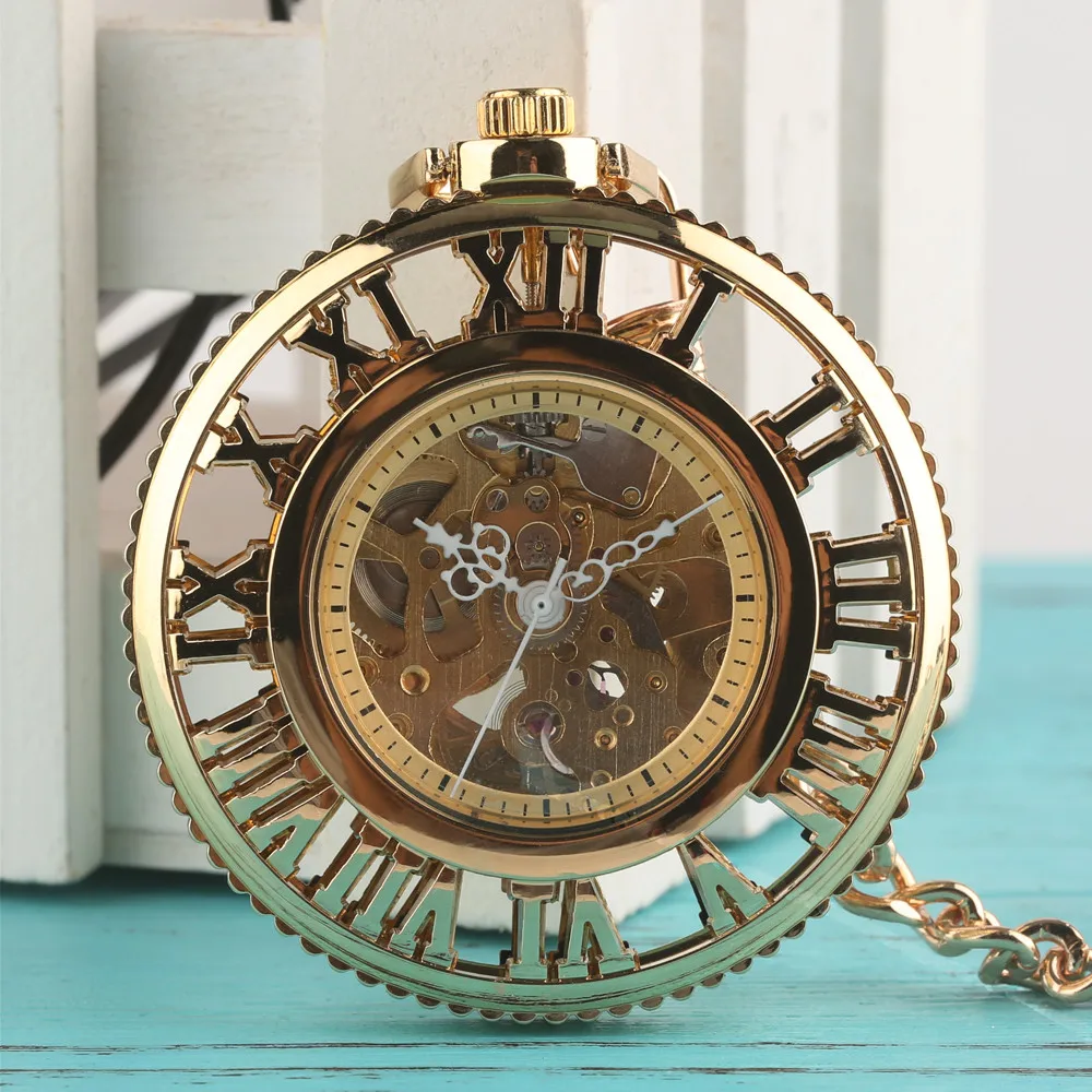 Golden Roman Numerals Skeleton Mechanical Self-Winding Pocket Watch Transparent Glass Open Face Automatic Antique Timepiece