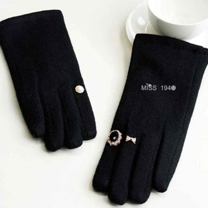 Winter Pearl Gem Wool Knit Warm Touch Screen Mittens Female Double Layer Plus Plush Thick Cashmere Driving Soft Black Glove H24