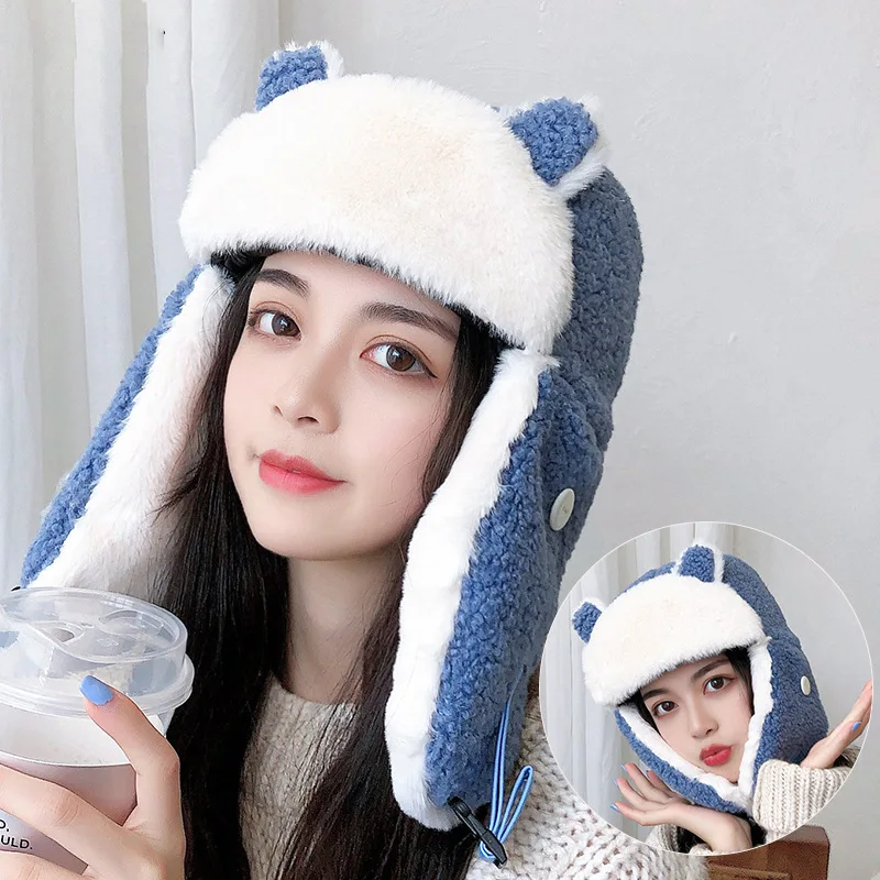 W01 Hat Women\'s Winter Thicken Winter Hat Lei Feng Cap Ushanka Hat Cartoon Ears New 2021 Fashion Cold Cap Face Mask Pilot Cap