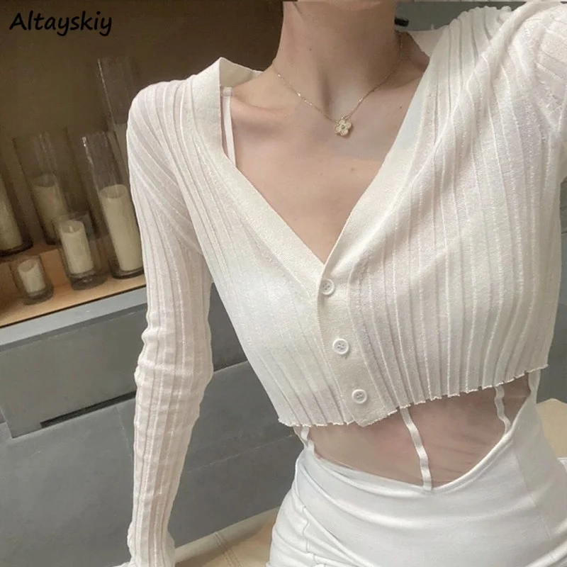 Cardigans Women Solid Long Sleeve V-neck Crop Tops Summer Thin Slim Sun-proof Outwear Female Sexy Korean Style Knitted Chic Soft