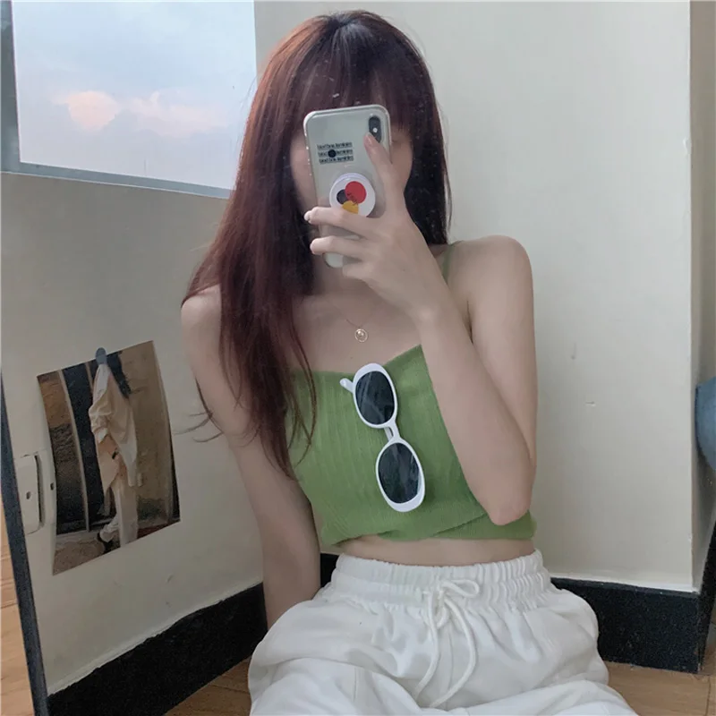 Pearl Diary Female Rib Knitted Camisole Stretchable Knit Crop Cami Top Ribbed Short Top Going Out Spaghetti Strap Rib Croppd Top