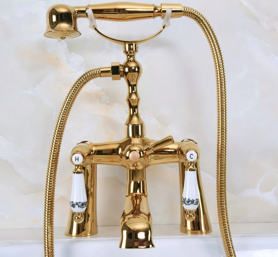 

Polished Gold Color Brass Deck Mounted ClawFoot Bathroom Tub Faucet Dual Ceramic Handles Telephone Style Hand Shower Head ana142