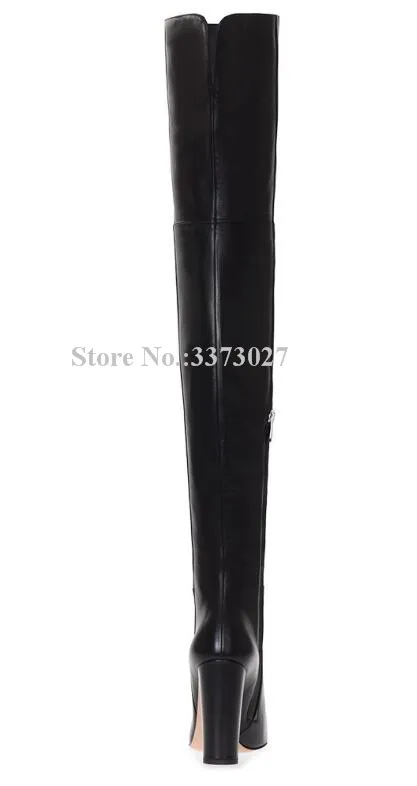 Black Leather Chunky Heel Long Boots Woman Sexy Pointed Toe Thick Heel Over the Knee Boots Fashion Large Size Nude Color Boots