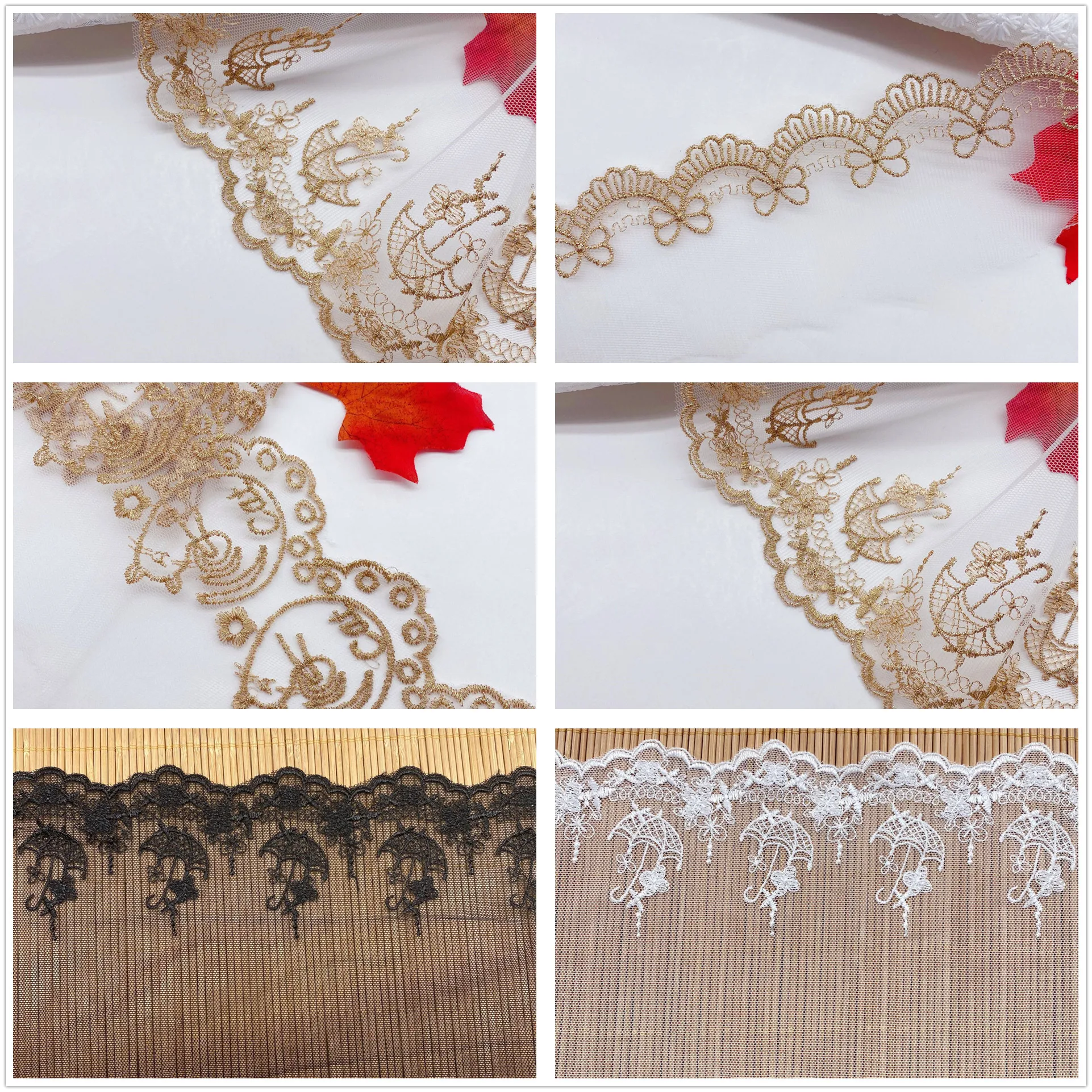 Mesh Embroidery Gold Thread Cute Cat UmbrellaTulle Fabric Lace DIY Wedding Lolita Clothing Garment Accessories