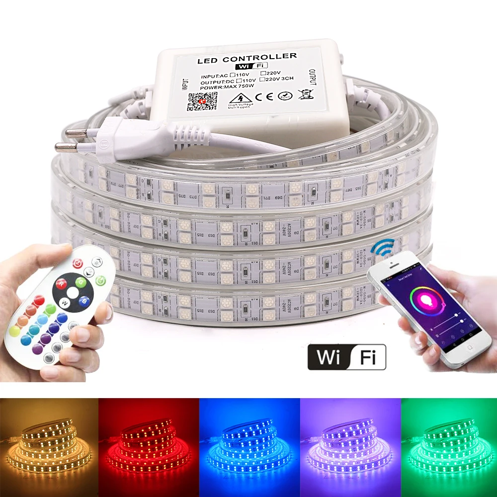 

WIFI LED Strip Light RGB 24key Remote 110V 220V 120LED/60LED Waterproof Flexible Led Ribbon Holiday Decoration EU US UK AU Kit