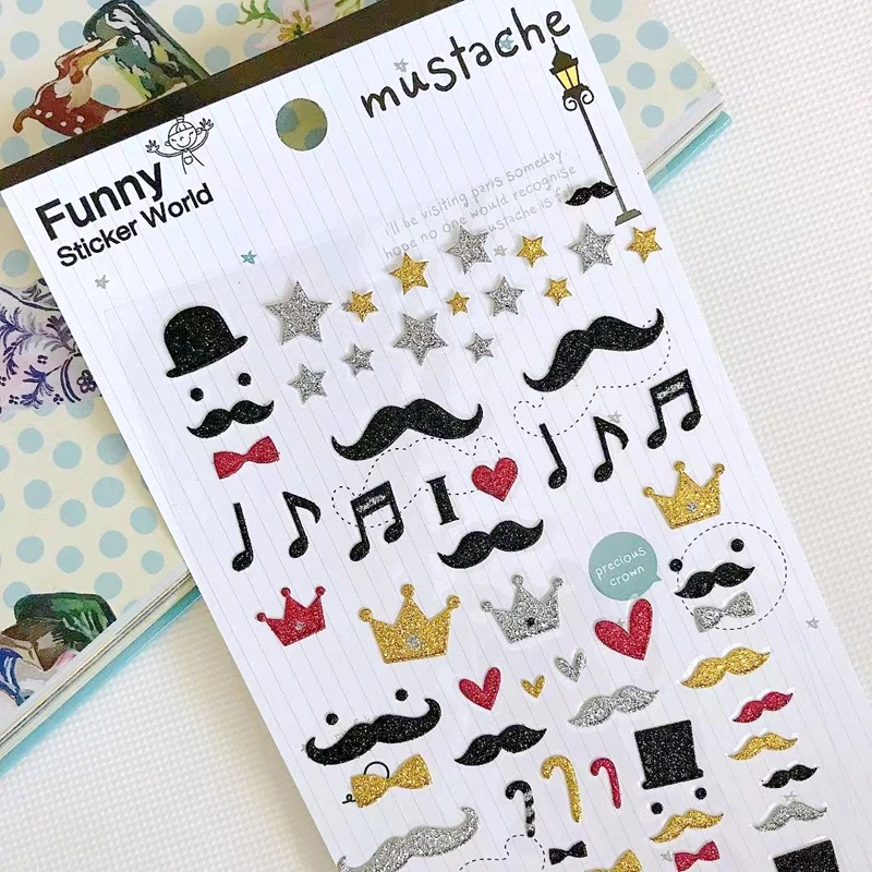 Korea Glitter Shinning Mustache Stickers England Hat Crown Die Cutting Scrapbooking Material Cards Decoration Junk Journal Craft