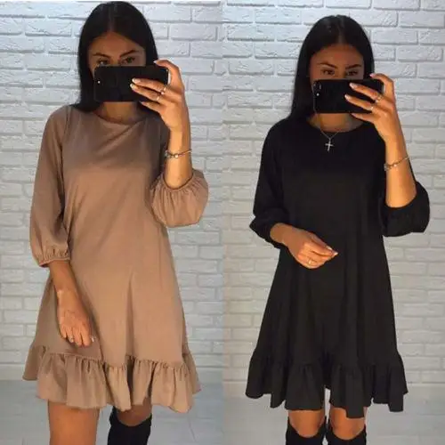 

Lanxirui Womens Casual Three Quarter Sleeves Ruffle Dress High Quality Cotton Loose Dress For Women Clothes