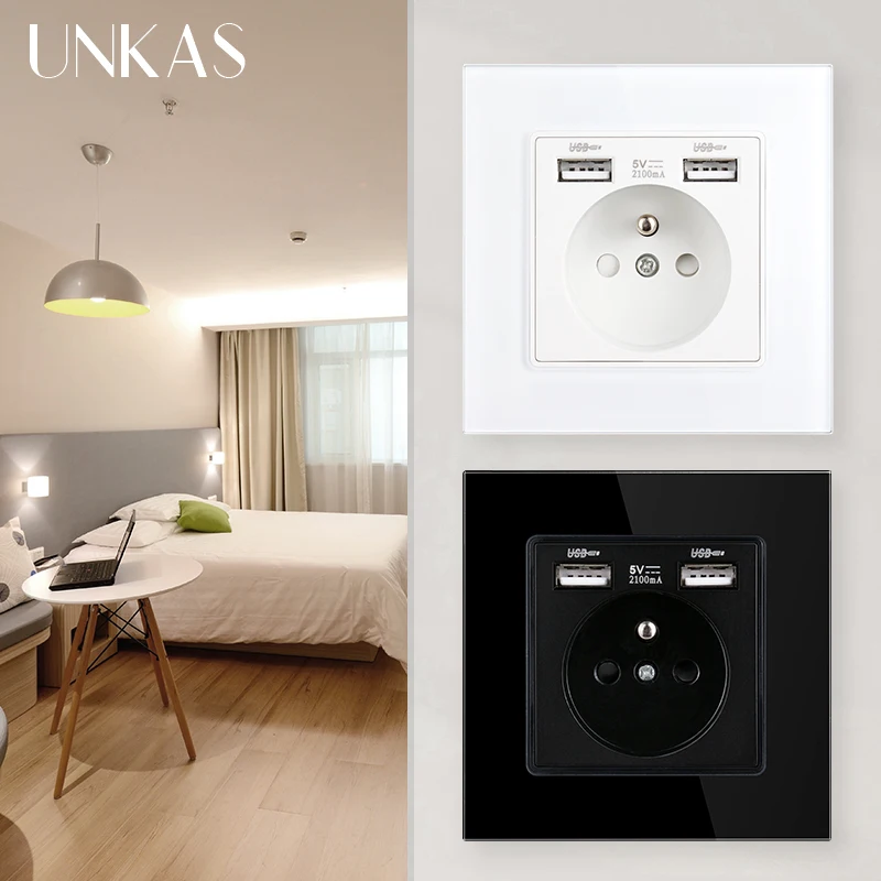 

UNKAS French Standard Wall Power Socket Dual USB Plug Charger AC110V-250V 16A Tempered Crystal Glass / Plastic Panel Outlet