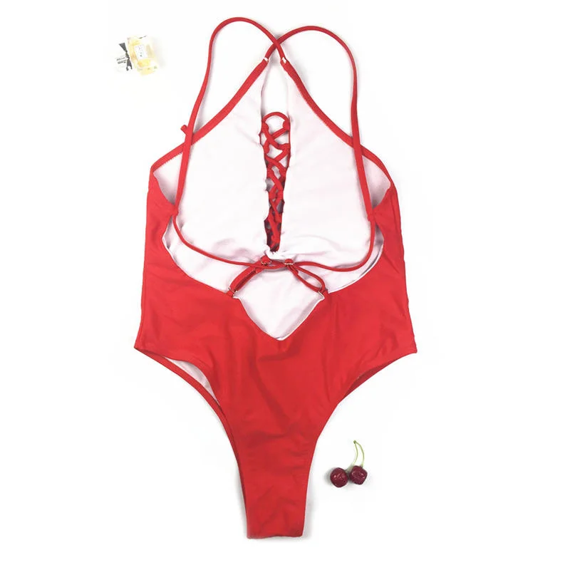 Red Trikini Bodysuit Women Maillot Bandage Swimsuit One Piece Swim Suit Women Swimwear One Piece Bathing Suit Lace Up Monokini