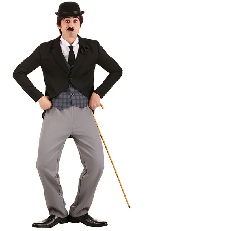 Costume de carnaval d'Halloween pour adultes et enfants, drôle, mime, acteur, cosplay, star de cinéma, jeu de scène, maître Chaplin, chapeau noir, barbe