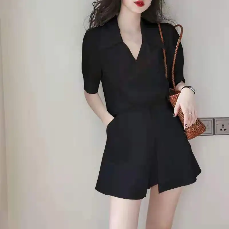 2021 Fashion Women Casual Short Sleeve Two-Pieces Suit Elegant Solid Shirts And Shorts Set Office Lady Business Suit