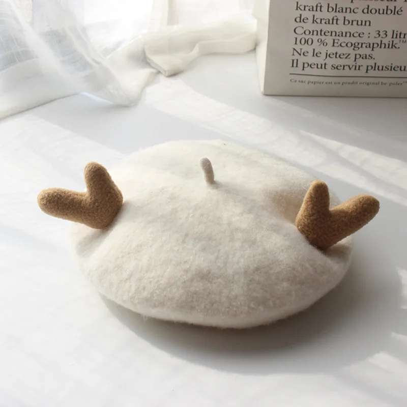 Cute antler shape parent-child beret cap Winter 100% Woolen artist hats Kid children girls Thick warm Pumpkin gorros