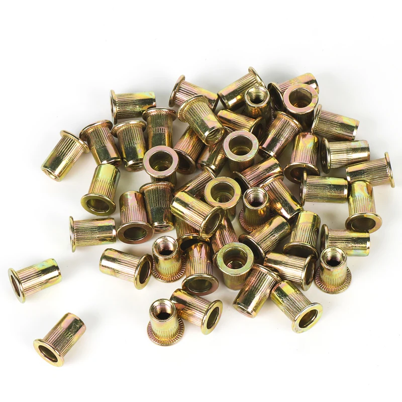 50PCS/lot M6 Zinc Plated Carbon Steel Knurled Nuts Rivnut Flat Head Threaded Rivet Insert Nutsert Cap Rivet Nut