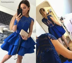 2019 Cheap Royal Blue Cocktail Dress Long Sleeves Lace Appliqued Short Mini Semi Club Wear Homecoming Party Gown Plus Size