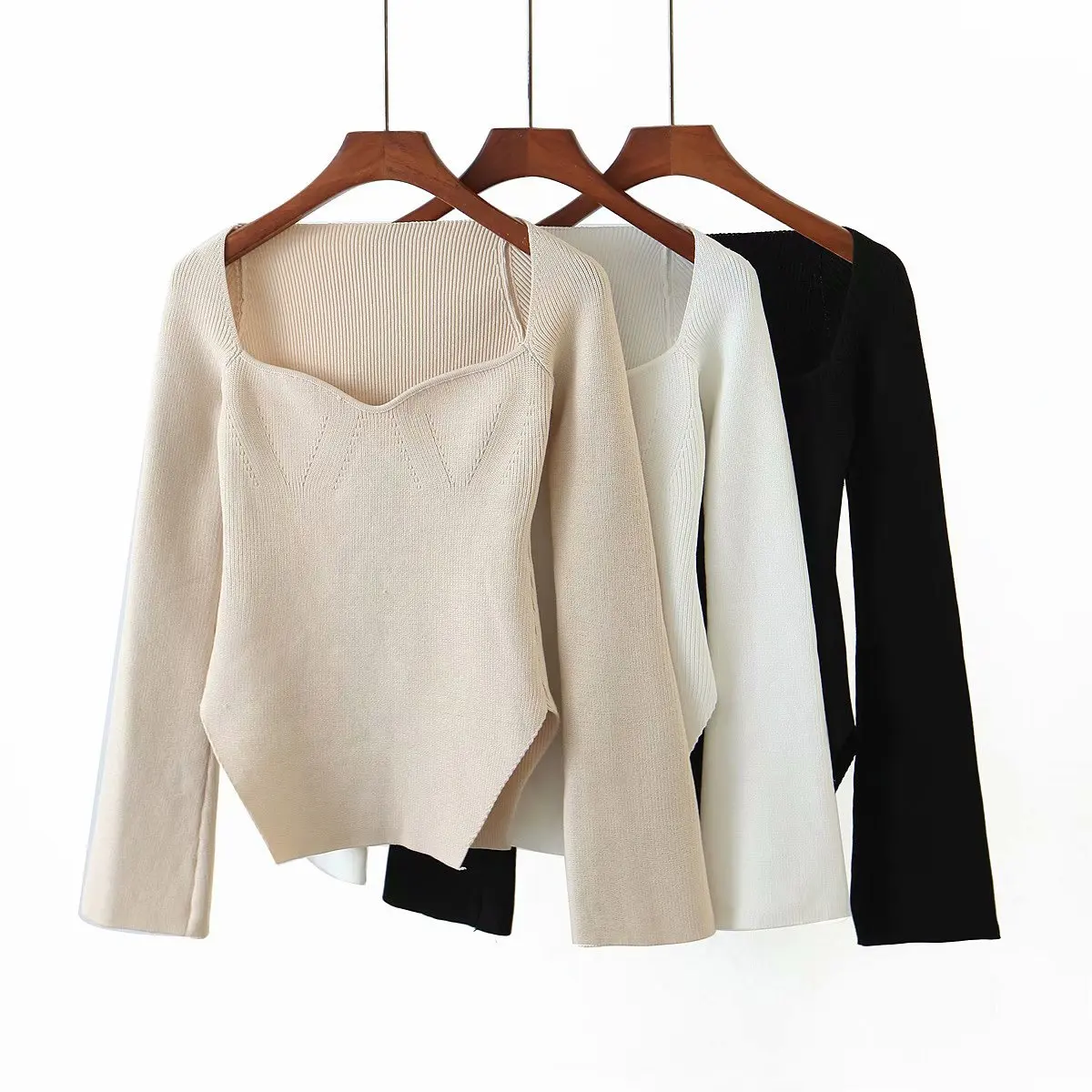 Asymmetric White Knit Top Ladies Sexy Long Sleeve Tights Top Black Ladies Basic Knit Top Fashion