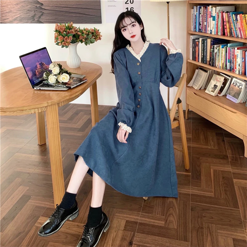 

2023 Retro V-neck Long-sleeved Dress For Women Clothing Spring Autumn Slim Corduroy Blue long Dress femaleD1263